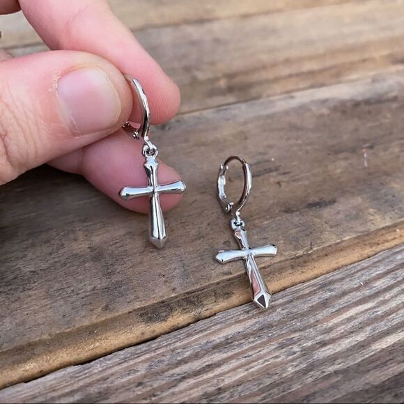 White Gold Cross Huggie Hoop Dangle Earrings 80s Minimalist Religious Punk - Picture 7 of 16